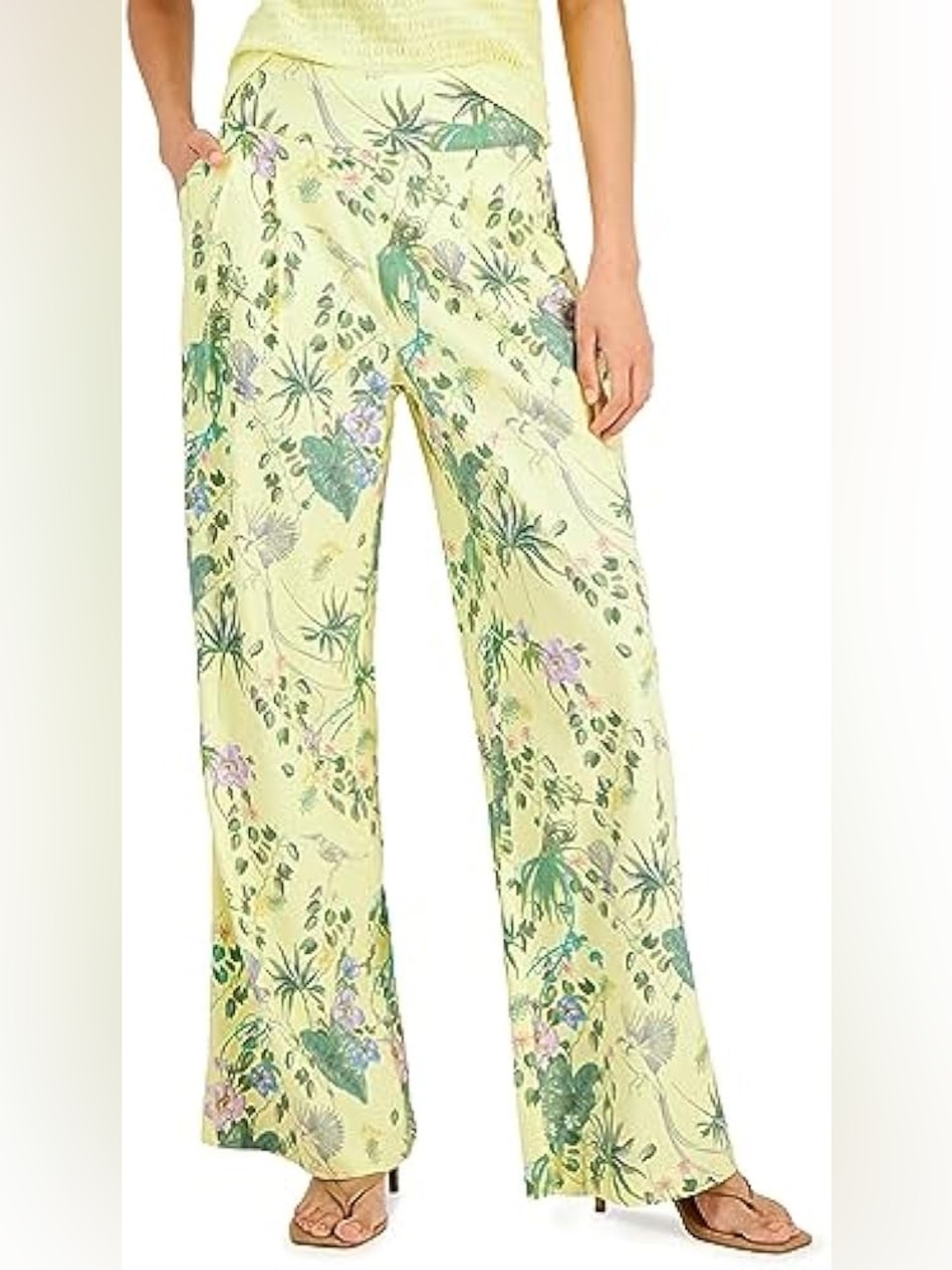 INC International Concepts Linen High Waist Floral Yellow pleated Wide M Pants